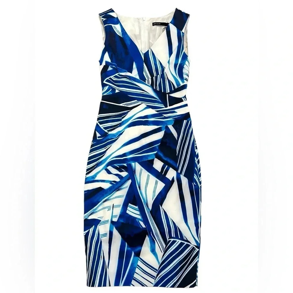 Karen Millen Blue White Geometric Print Sleeveless Sheath Dress Women’s Size 4